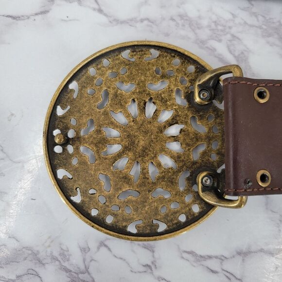 Brown Leather Belt with Studded Coin Accents Medalion Buckle Boho Western - Picture 8 of 11